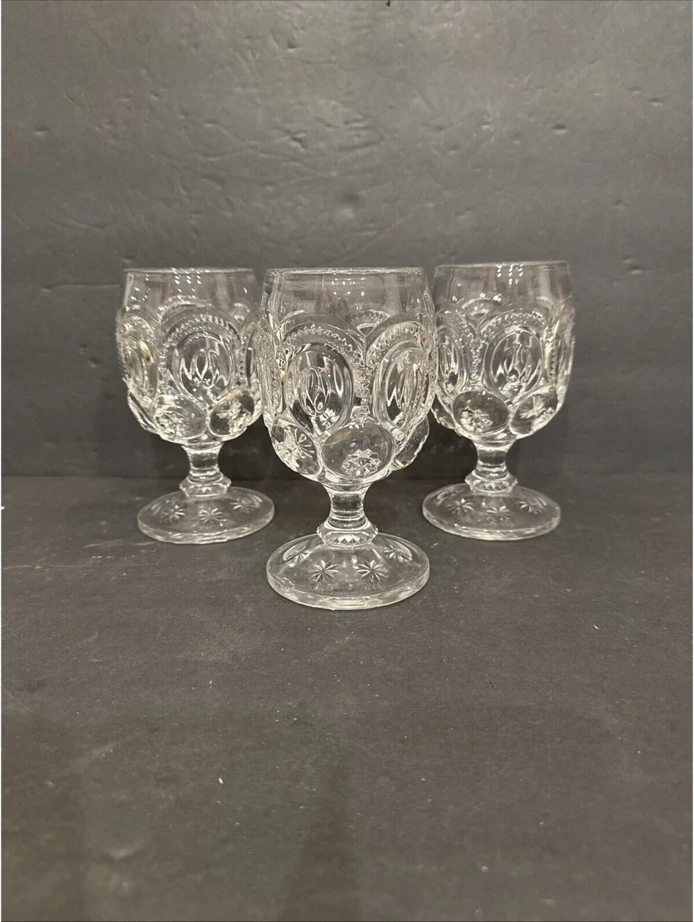 Vintage LE Smith (3) Moon & Stars Clear Glass Water Goblets 5.75” H By 3.25” W